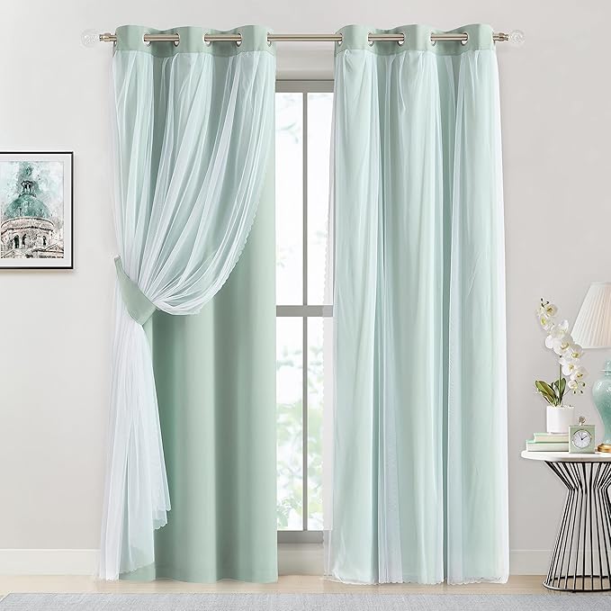 Bujasso Aqua 80% Blackout Curtains with Sheer Overlay Mix and Match Double Layer Thermal Insulated Window Panels 95 inch for Living Room Bedroom Mint Green Drapes with Tiebacks Grommet Top 37"Wx95"Lx2