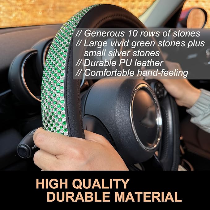 PINCTROT Bling Bling Comfy Steering Wheel Cover with Jumbo Crystal Rhinestones, Anti-Slip Diamond Leather, Universal 15 Inch (Vivid Green)