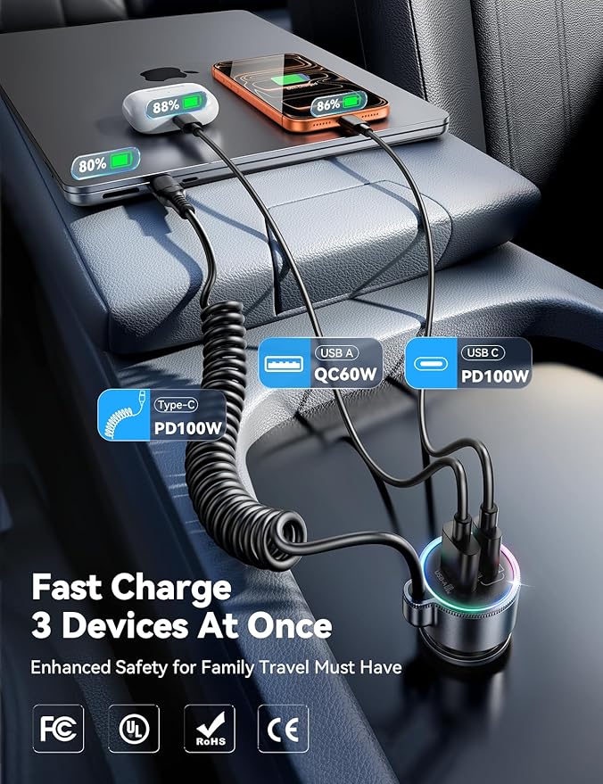200W Car Charger USB C, PD100W Fast Charge w/100W Type C Fast Charging 5FT Coiled Cable, PD3.0/QC4.0/PPS Cigarette Lighter Phone Adapter for iPhone 17/16 ProMax, MacBook Pro/Air, Samsung S26/S25, iPad