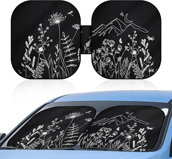 Foldable Car Sun Shade Windshield for Cars，SUV, Trucks, Sedan – Reflective UV Ray Blocker and Heat Shield with Storage Pouch, Pattern Sun Visor Cover, Car Interior Accessories Keep Vehicle Cool