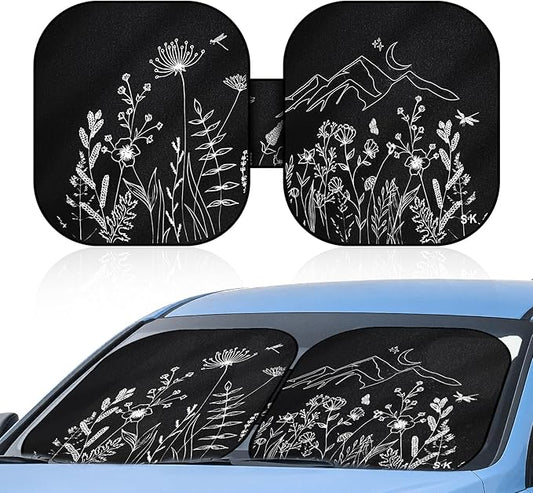 Foldable Car Sun Shade Windshield for Cars，SUV, Trucks, Sedan – Reflective UV Ray Blocker and Heat Shield with Storage Pouch, Pattern Sun Visor Cover, Car Interior Accessories Keep Vehicle Cool