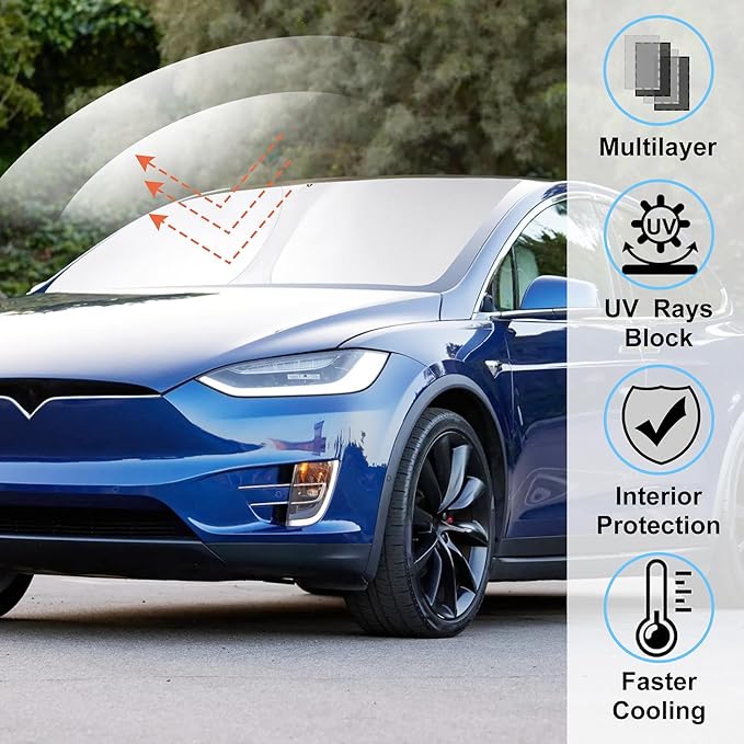 Windshield Sun Shade Compatible with 2016-2024 2025 2026 Tesla Model X Tesla X Accessories Foldable Sunshade Front Sun Visor Protector Keep Car Cooler