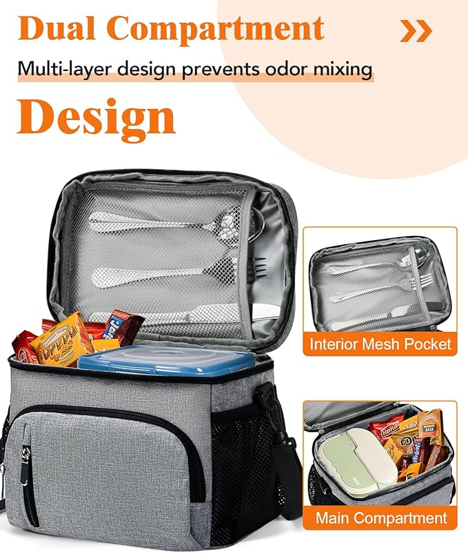 Insulated Lunch Bag for Men & Women, 9L Leakproof Lunch Box Soft Cooler Tote with 5 Pockets, 600D Oxford, EVA Lining, Adjustable Strap for Work, Picnic, Beach&Travel-Grey
