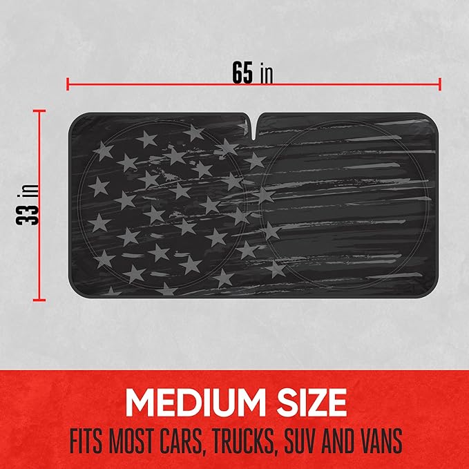 Motor Trend USA Vintage Flag Car Windshield Sun Shade for Front Window, Foldable Car Sun Shade with Patriotic Graphic, Collapsible Sun Visor Sunshade for Cars Windshield (Medium, 65 x 33 inches)