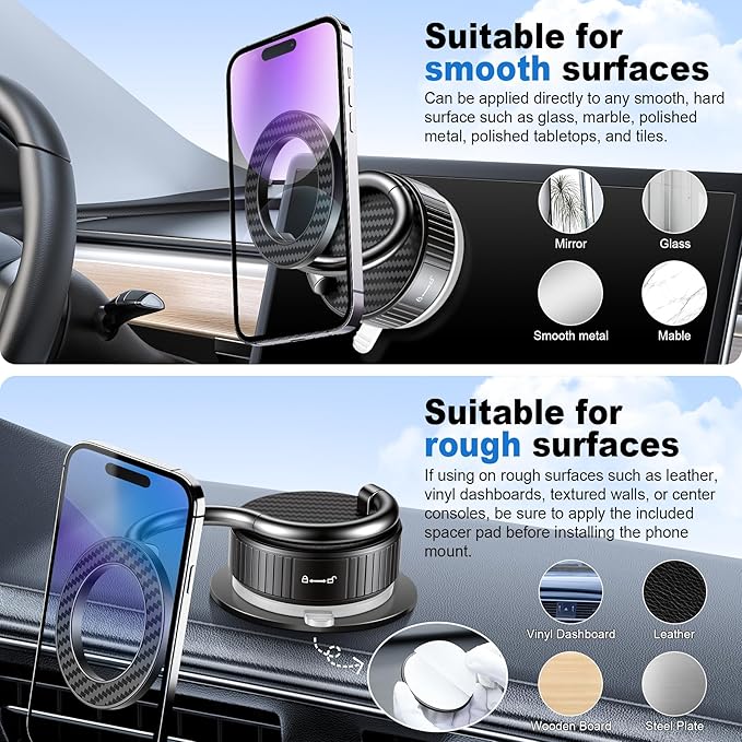 LivTee Vacuum Magnetic Phone Holder for Your Car, The 360° Adjustable Suction Cup Phone Mount with a Sleek Metallic & Carbon Fiber Design, Features a 3000gf Magnet, Fits Magsafe, Fits iPhone & Android