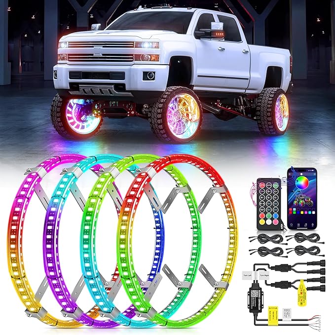 Nilight 4PCS 15.5inch Double Row Wheel Ring Lights Dream Color with APP and Remote Control Neon Lights w/Turn Signal and Braking Function Dual Row for Car Van SUV Truck