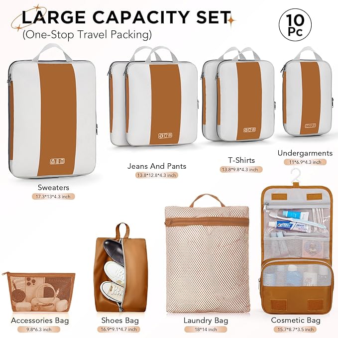 10 Set Compression Packing Cubes for Travel Essentials,Compressible Expandable Packing Cubes for Suitcase,OlarHike Luggage Organizer Bags for Travel,Handy Helper for Organizing Clothes(Brown)
