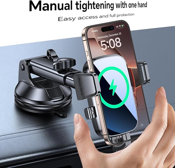 Kaistyle Wireless Car Charger【One Hand Manual Clamping】 Fast Wireless Charger for Car Phone Holder Mount Charger Phone Holders for Your Car Dashboard/Windshield/Vent Truck Mount for iPhone Samsung
