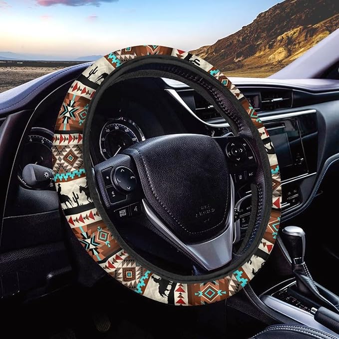 SEANATIVE Western Aztec Horse Universal Steering Wheel Cover, Silicone, 15 inches, Non-Slip, Soft, Easy to Disassemble