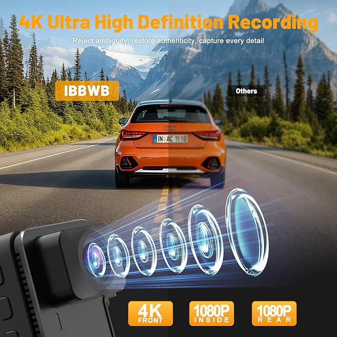3 Channel 4K Dash Cam Front and Rear Inside, Wide-Angle 360 Camera for Car with 64GB Card Included, Durable Material Dash Camera with Loop Recording, Night Vision, G-Sensor, 5GHz WiFi, 24Hr Parking
