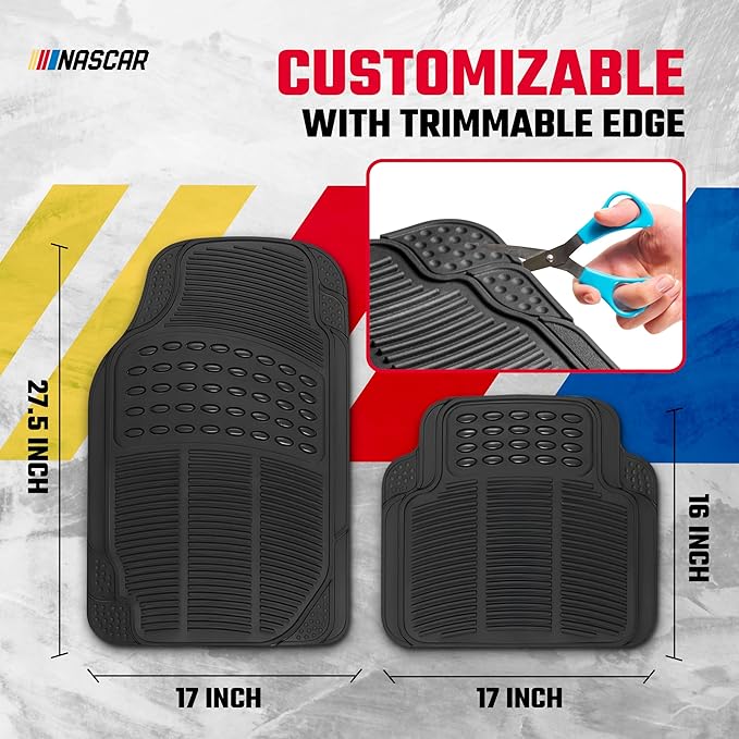 NASCAR Premium Car Floor Mats - 4-Piece Set | Heavy Duty All-Weather Rubber | Universal Trim-to-Fit for Cars, Trucks & SUVs | Traps Dirt, Snow & Water | Black Floor Mats