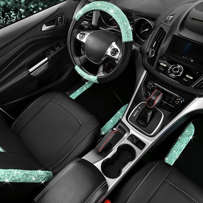 CAR PASS Universal Mint Leather Lace Car Seat Covers Full Set for Women Girls, Waterproof Car Floor Mats Carpet, Glitter Steering Wheel Cover for Car Accessories Interior Sets,10PCS Included