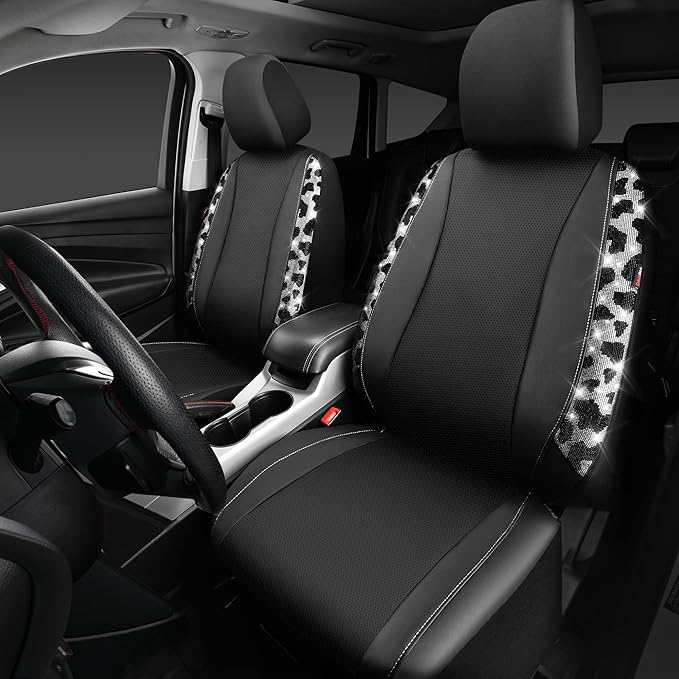 CAR PASS Cow Diamond Leather Bling Car Seat Covers Universal, Faux Shining Rhinestones Two Front only, Fit 95% Automotive Glitter Crystal Sparkle Strips for Cute Women Girl, 2PCS Cow Silver Diamond