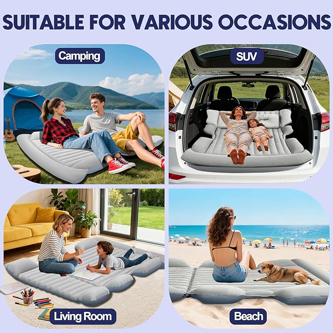 SUV Air Mattress with Air Pump,Thickened Camping Bed with 2 Pillows,Portable Car Air Mattress,Quick Easy Set-Up,Inflatable Bed for car,Durability Car Bed for SUV,Home,Travel,Camping(GreyWhite)