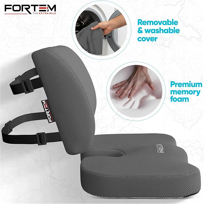 FORTEM Seat Cushion, Office Chair Cushion, Lumbar Support Pillow for Office Chair, Memory Foam Sciatica Coccyx Tailbone Pressure Pain Relief, Car Sitting Pad, Washable Non Slip, XL