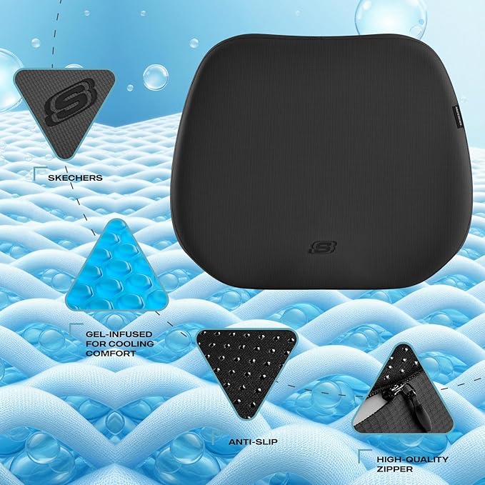Skechers Seat Cushion Premium Gel & Memory Foam-Office Chair Cushion for Tailbone Pain Relief,Butt Pillow for Office Chair,Car seat Cushion,Long Sitting Office Workers,and Car Drivers,Black