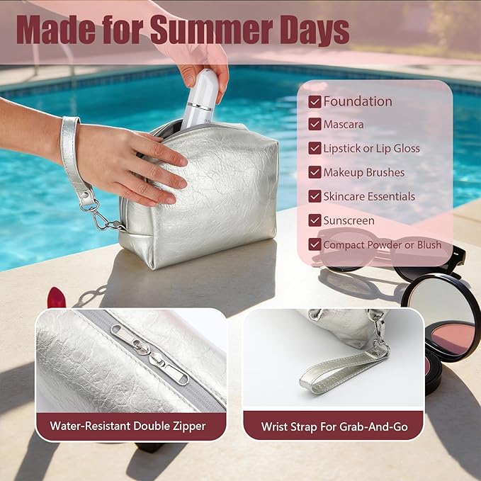 Insulated Makeup Bag with 2 Reusable Ice Packs Heat-Resistant Cosmetic Travel Pouch, Silver Vegan Leather Organizer with Water-Resistant Double Zipper & Wrist Strap(Small: 7.5 x 4.0 x 5.0 in)