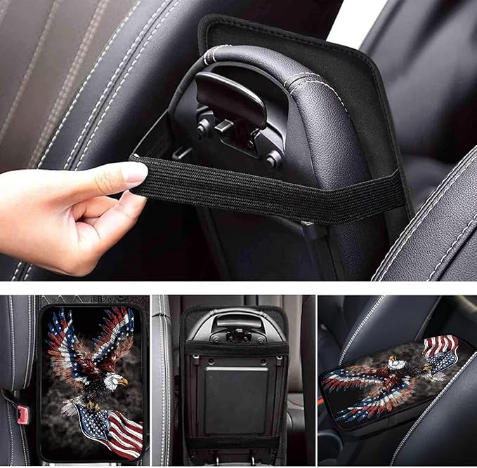 Eagle American Flag Soft Armrest Seat Box Cover Car Armrest Cushion Car Decor Protective Car Accessories Universal Fit for Most Cars, Vehicles, SUVs