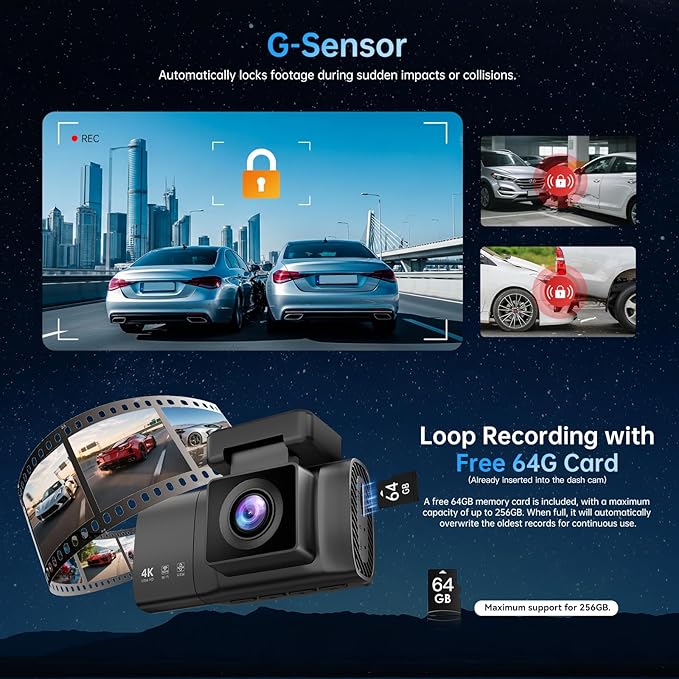 3 Channel Dash Cam: 4K+1080P+1080P-Dash Cam Front and Rear Inside with Free 64GB Card & 5GHz WiFi - Dash Camera for Cars with IR Night Vision APP Control Parking Mode G-Sensor Loop Recording(X7)
