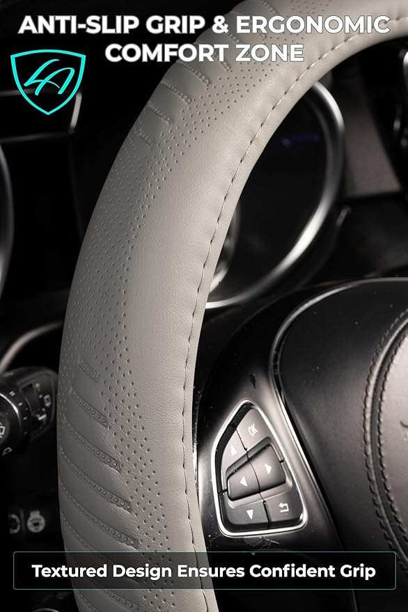 Lord Autofashion Steering Wheel Cover – PU Leather, Non-Slip Rubber Inner, All-Season Comfort – 14.5–15 Inch (Grey 9356)