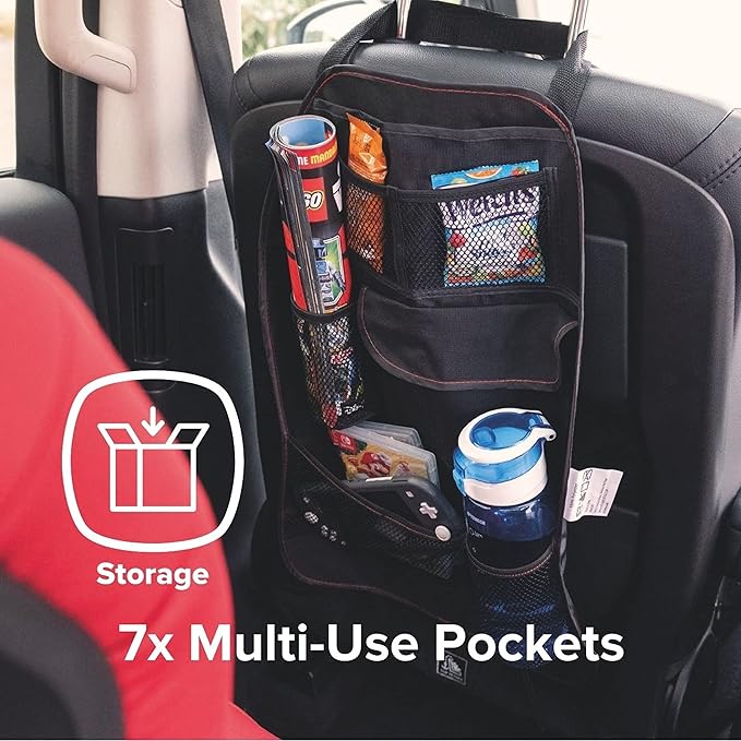 Diono Stow 'n Go Car Back Seat Organizer for Kids, Kick Mat Back Seat Protector, With 7 Storage Pockets, 2 Drinks Holders, Water Resistant, Durable Material, Black (Pack of 2)