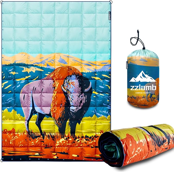 zzlamb Camping Blanket for Cold Weather,Outdoor Puffy Blanket Portable Down Alternative,Windproof Warm Cloak with Snaps,Cozy Quilt Backpacking Picnic RV Travel Plane Car Hammock Beach Climbing
