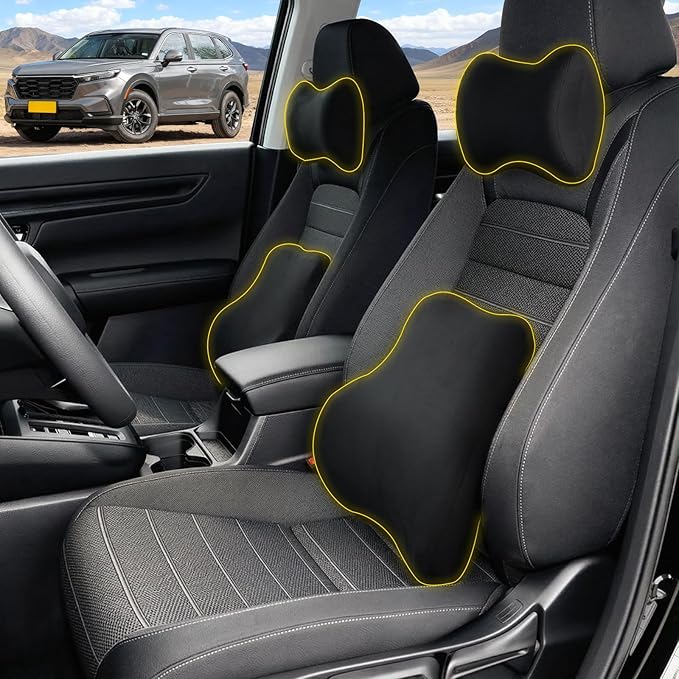 Car Neck & Lumbar Support Pillow Set for Honda CRV, Soft Memory Foam Headrest & Back Cushion, Ergonomic Comfortable Seat Support for Daily Driving and Long Trips Car Interior Accessories