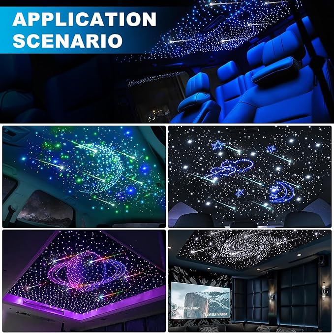 Car Starlight Headliner Kit, 4 Colors 32W Twinkle & Meteor Star Ceiling Lights, 2 in 1 Fiber Optic Light 4 Port Engine 800pcs*0.03in*13.1ft+240 RGBW Shooting Stars Lights for Car Home Roof Décor