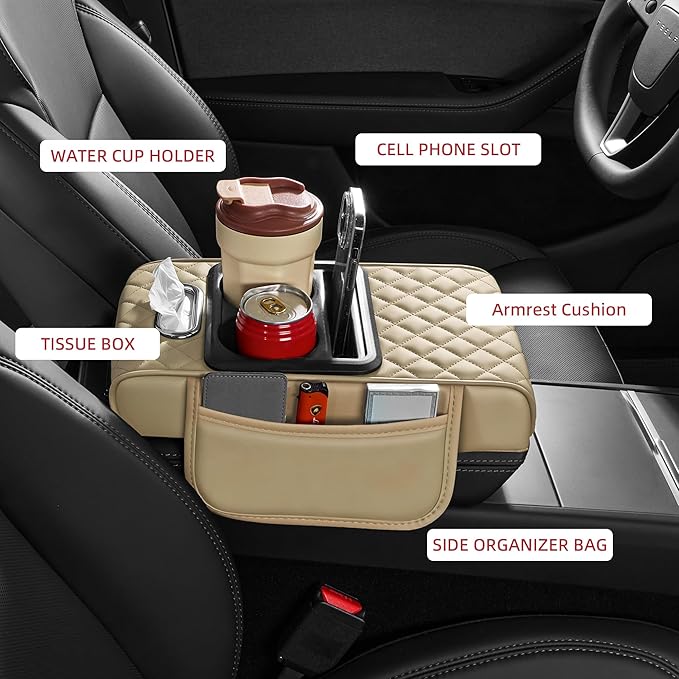 5 in 1 Car Center Console Cover, Armrest Pad with 2 Storage Pockets, Cup Holder, Tissue Box Slot, Phone Holder, Universal Car Interior Organizer (Beige)