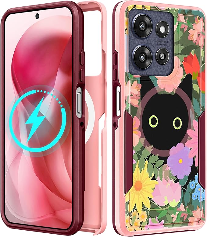 LISEVOfor Moto G Power 2025 Case - for Motorola Moto G Play 2025 Case Compatible with MagSafe Women Cute Girls Magnetic Protective Phone Cover Girly Cat Flower Floral Heavy Duty Shockproof