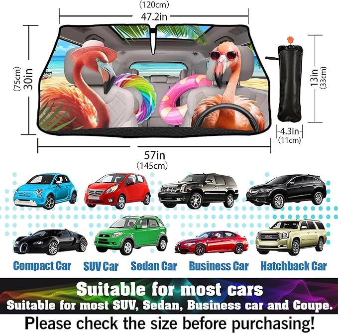 Socira Funny Flamingo Car Windshield Sun Shade Umbrella Foldable Sunshade for Front Window Auto Windshield Sunshade Covers Car Accessories Protect from Sun Rays Heat 57'' X 30''