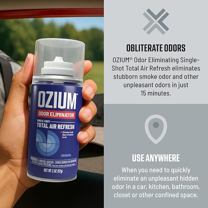Ozium Air Sanitizer, 2 oz Car Fogger: Single-Shot Smoke Odor Eliminator & Car Air Freshener (New Car Smell, 4 Packs)