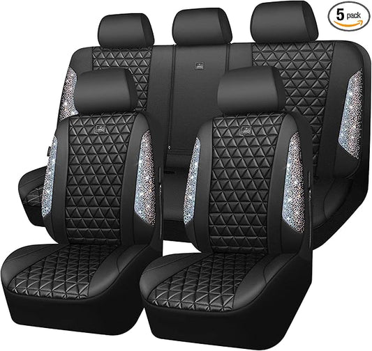 CAR PASS Bling Diamond Leather Car Seat Covers Full Seats Interior Sets, Waterproof Shining Glitter Sparkly Crystal Universal Armrest Automotive Truck SUV Cute Women Girl, Black Multicolor Rhinestone