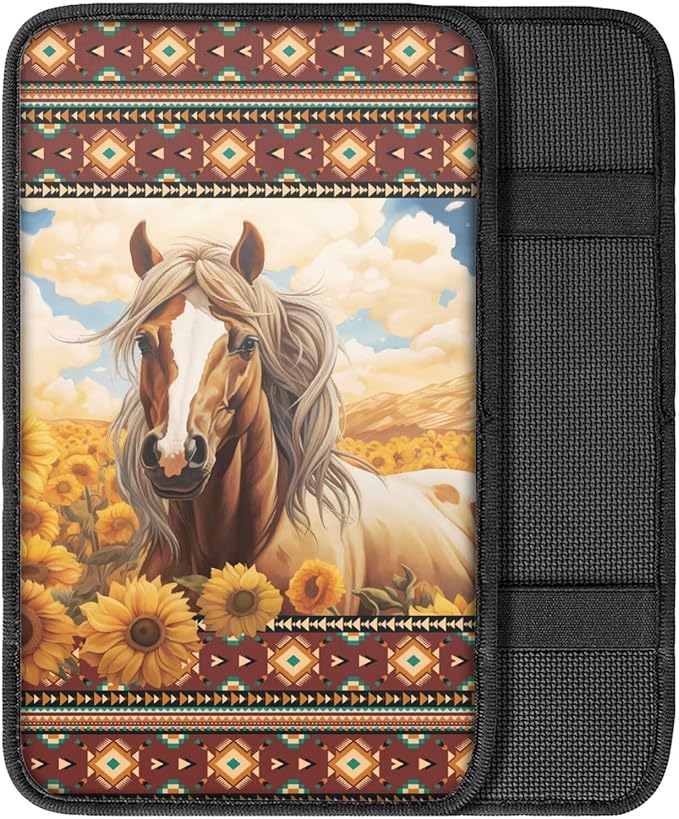 Aztec Horse Center Console Cover for Cars, Non-Slip Car Armrest Cover Auto Armrest Box Cover Horse Cars Interior Accessories Universal Fit Most Vehicle Trucks