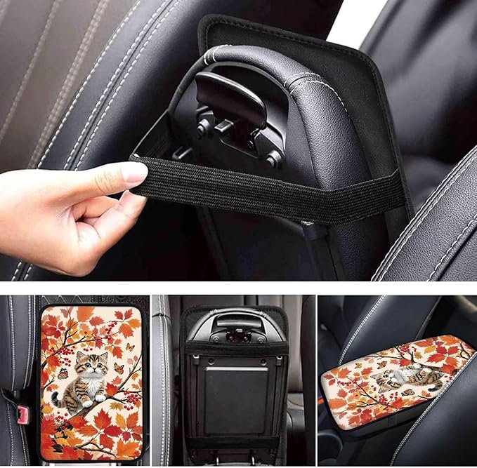 Maple Leaves Cat Soft Armrest Seat Box Cover Car Armrest Cushion Car Decor Protective Car Accessories Universal Fit for Most Cars, Vehicles, SUVs