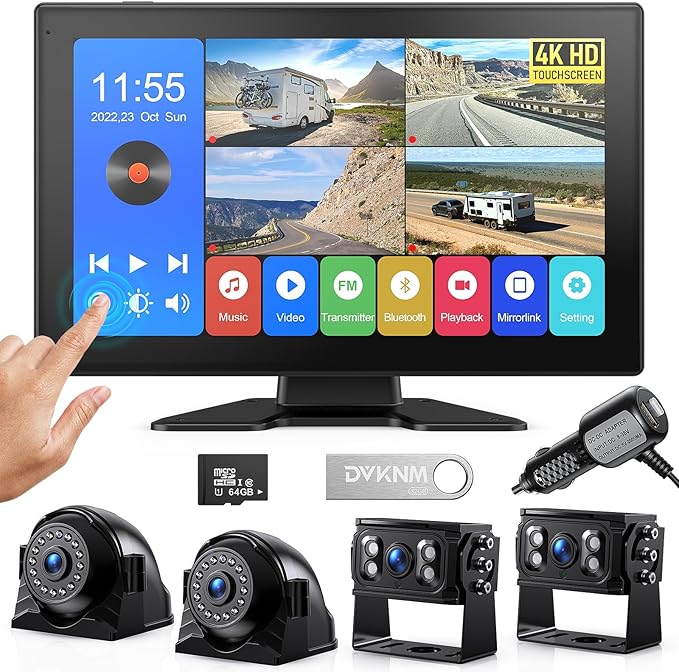 4K RV Backup Camera System 10.1" Quad Split Touchscreen Monitor 4 1080P HD Rear Side View Cameras DVR Recording Bluetooth Music USB Video Play IP69 Waterproof Night Vision for RV Truck Trailer