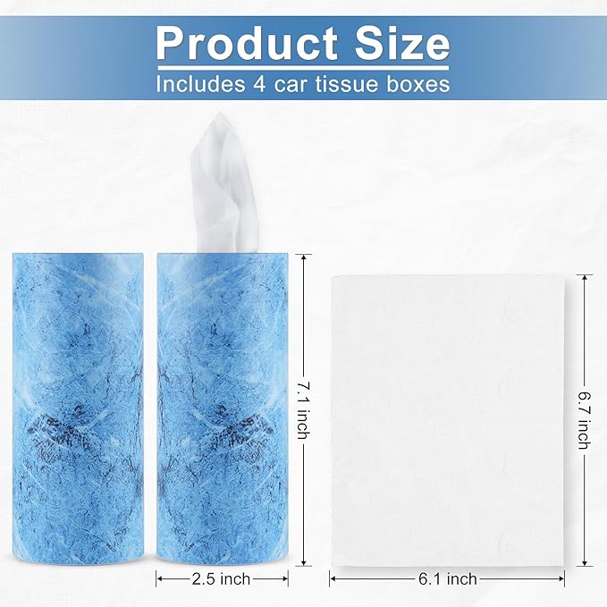 SINGARO Car Tissue Holder, 4 Pack Car Cup Holder Facial Tissues with Travel Tissue Bag, Quick and Convenient Flower Combination Box(4 Canisters/200 Tissues) Blue