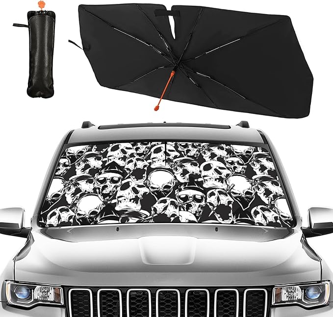 CHILL·TEK Funny Animal Car Windshield Sun Shade Umbrella, Funny Skulls Car Sun Shade Umbrella, Block UV Rays Heat Foldable Windshield Umbrella Sun Visor Protector - Keep Vehicle Cool for Cars SUV
