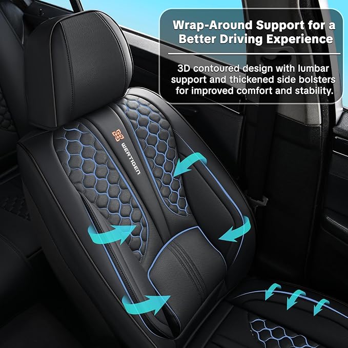 Black Leather Car Seat Covers - Luxury Waterproof Car Seat Covers with Lumbar Support, Non-Slip Base, and Airbag Compatibility; Suitable for Sedans, Suvs, and Pickups.