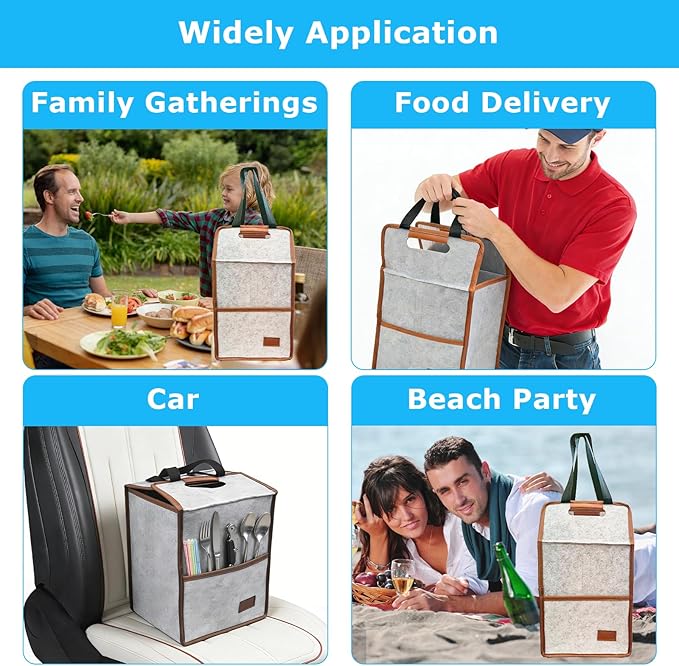 4 Cup Drink Carrier with Handle, Reusable Insulated Cooler Drink Caddy for Car Cup Holder, Foldable Coffee Carrier Bag with Adjustable Dividers, Portable for Car, Travel, Picnic Party, Food Delivery