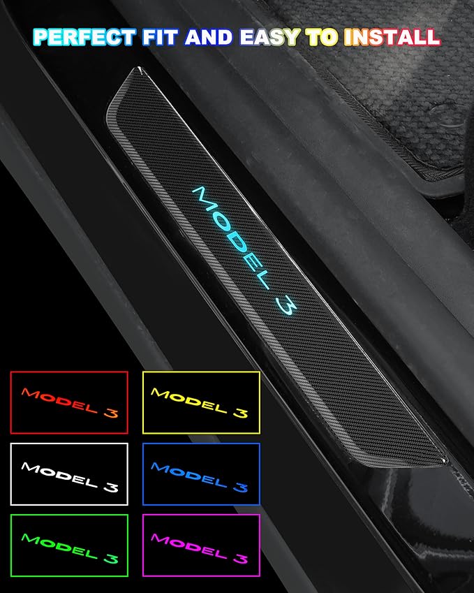 LED Door Sill Lights for Tesla Model 3 2017-2025 Accessories, ABS Scratch-Resistant Sill Protector with 7-Color RGB Lighting, Battery Powered Model 3 Pedal Mood Lamp, Carbon Fiber, 4PCS