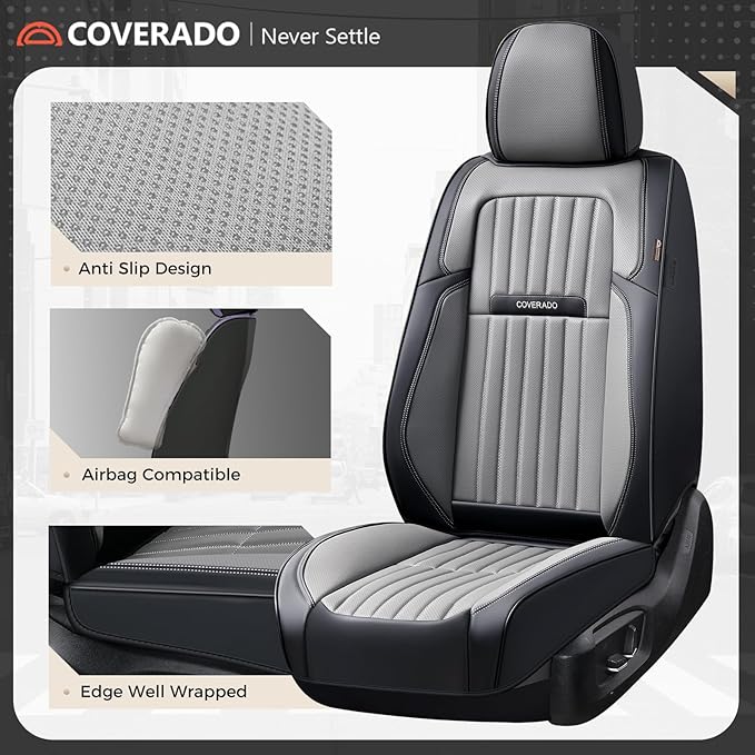 Coverado Car Seat Covers Front Seats, Seat Covers for Cars, Car Seat Protector, 2-Pack Car Seat Cushion Nappa Leather, Waterproof Seat Covers Carseat Cover Universal Fit for Most Cars(Black&Gray)