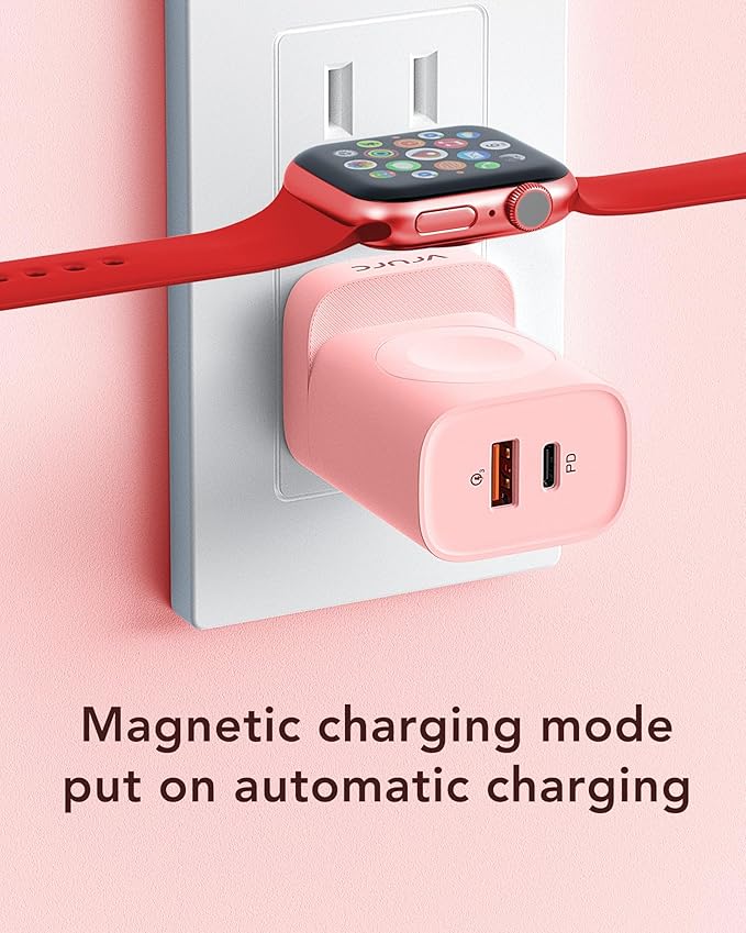 VRURC Charger for iPhone & Apple Watch, 20W USB C Fast Charging Block, 3-in-1 Compact Travel Adapter with 2 Port for iPhone 17/16/15/14/13, Wireless Magnetic for iWatch SE/11/10/9/8/7/6/5/4-Pink