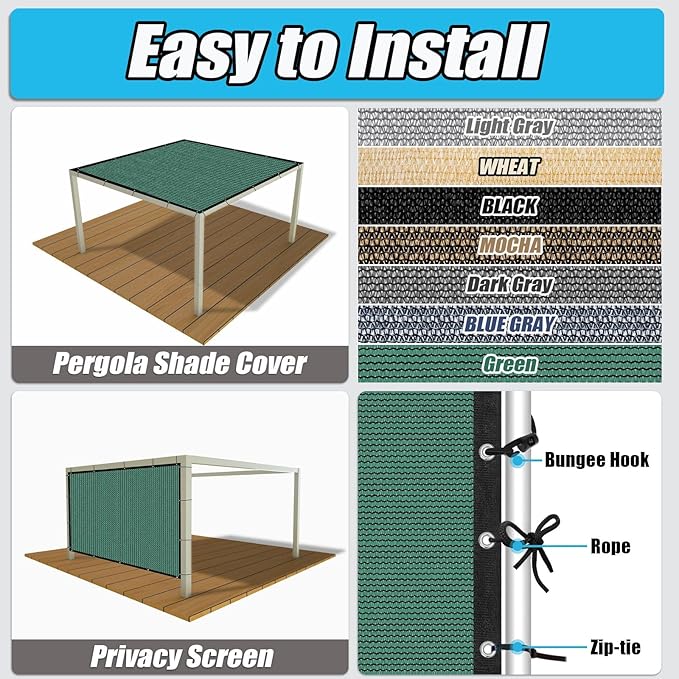 Amagenix 90% Sun Shade Cloth with Grommets, 12' x 12' Pergola Replacement Shade Cover Canopy Privacy Screen for Outdoor Patio Garden, Green (We Customized)
