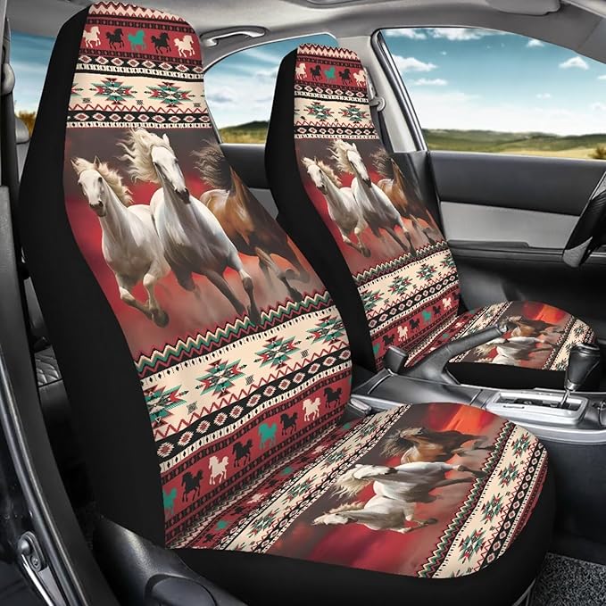 Aztec Ethnic Striped Horse Jigsaw Puzzle Print Car Seat Cover Front Seats Only Full Set of 2, Universal Bucket High Back Car Front Seat Covers