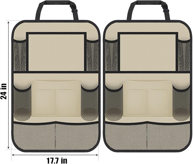ULEEKA Car Backseat Organizer with 11" Table Holder, 10 Storage Pockets Seat Back Protectors Kick Mats for Kids Toddlers, Travel Accessories, 2 Pack, Beige
