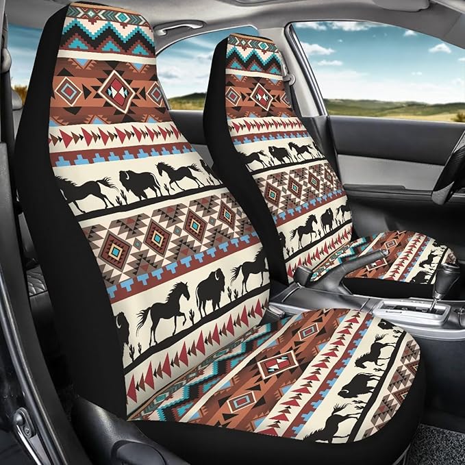 ELEQIN Aztec Horse Yak Car Seat Covers, Front Car Seat Cushion, 2 PCS Canvas Auto Cushion Protector Universal Fit Most Cars, Automotive Interior Decor