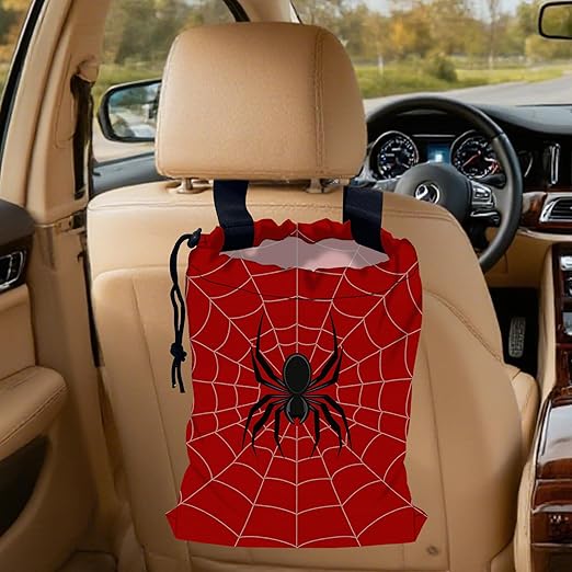 Spider Web Car Garbage Bag, Small Car Trash Bag Hanging,Drawstring Car Garbage Bag with Adjustable Buckle for Car Back Seat,SUVs,Camping,Road Trips