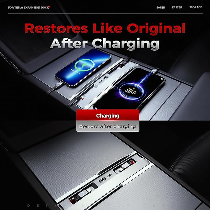 Upgrade 65W USB Charger Hub for Tesla Model 3 Highland 2024-2025 & New Model Y Juniper 2026 Accessories, 4-Port Retractable Phone Charger USB Hub – Center Console