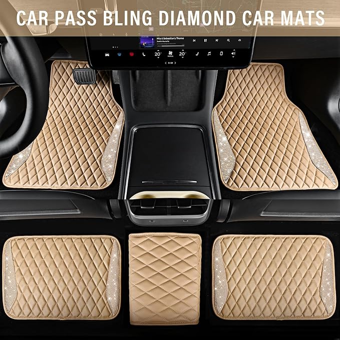 CAR PASS Bling Beige Leather Car Mats Shining Diamond Floor Mats Crystal Rhinestone Sparkly Glitter Carpet Anti-Slip Waterproof Pad Universal Fit for Automotive SUV, Sedan, Van, 5pcs Girl Women Beige